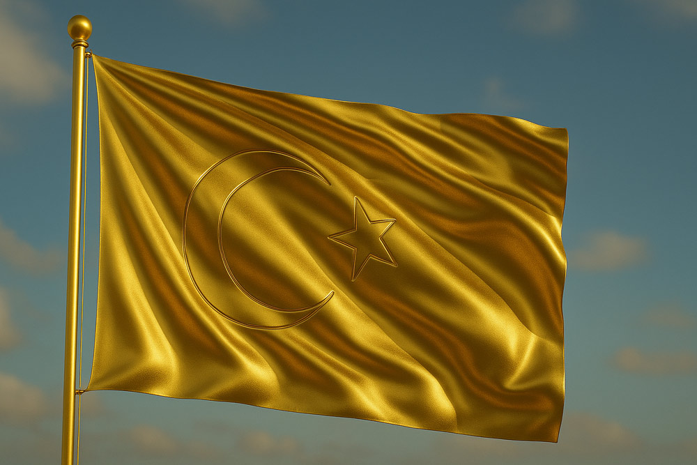 Bandiera della Turchia interamente dorata in 3D, che sventola al vento, simbolo della fiducia crescente nell’oro fisico come investimento