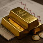 Tre lingotti d’oro puro 999,9 da 1 kg con monete in euro su tavolo di legno, concetto di investimento in oro fisico certificato.