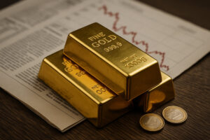 Tre lingotti d’oro puro 999,9 da 1 kg con monete in euro su tavolo di legno, concetto di investimento in oro fisico certificato.