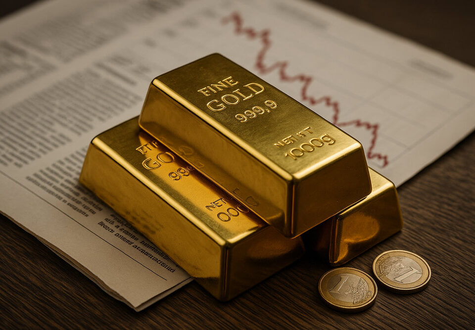 Tre lingotti d’oro puro 999,9 da 1 kg con monete in euro su tavolo di legno, concetto di investimento in oro fisico certificato.
