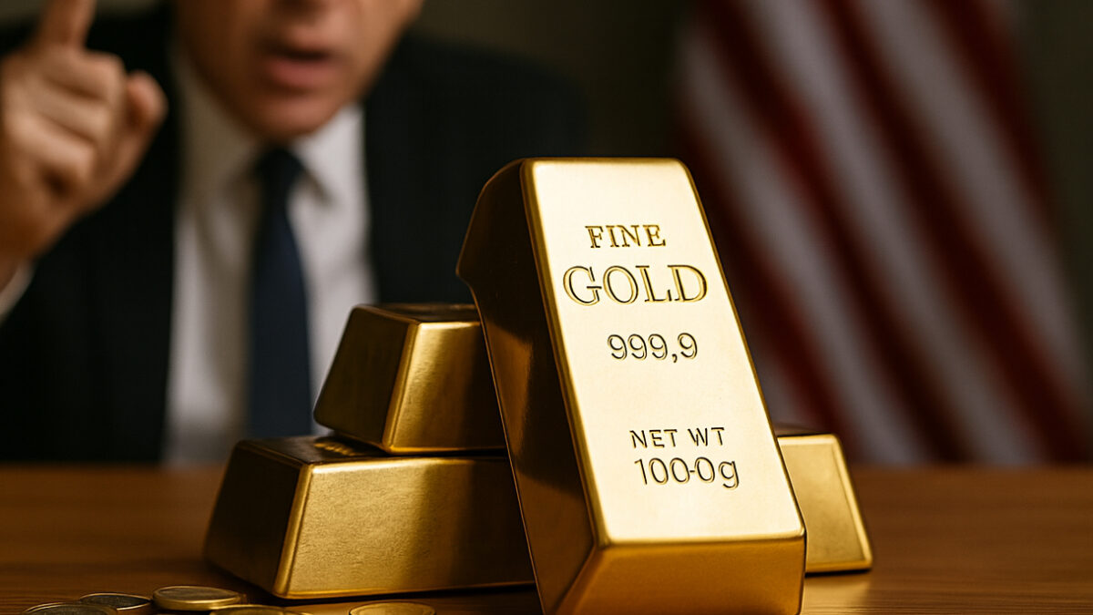 Lingotti d’oro 999,9 con monete sul tavolo, sfondo con bandiera americana e uomo in abito scuro che indica con il dito, simbolo di incertezza politica e corsa all’oro fisico.