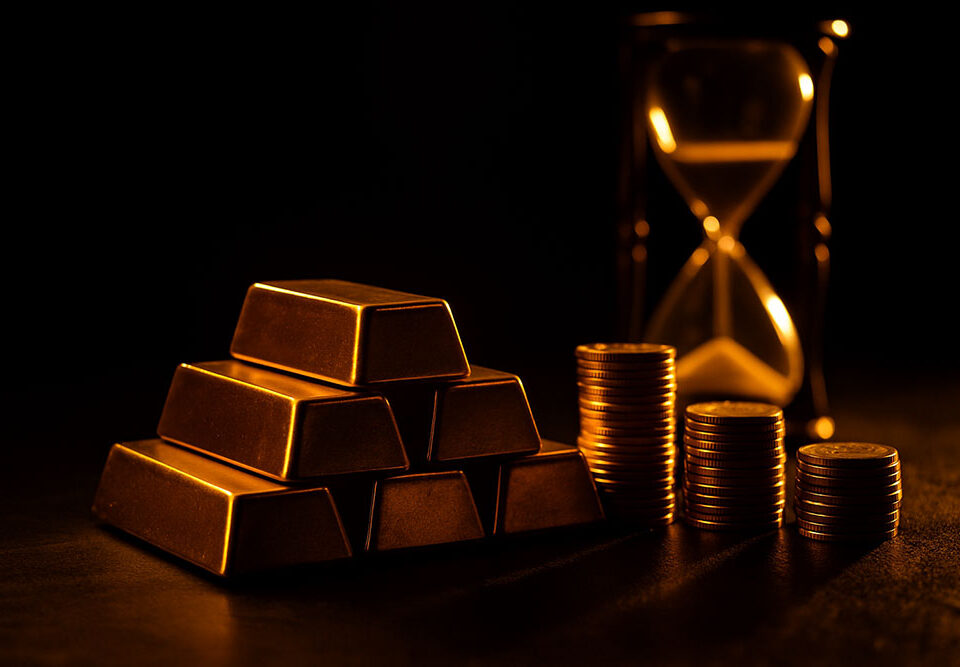 Pila di lingotti d’oro identici disposti a piramide con monete accanto, sullo sfondo una clessidra sfocata che rappresenta il passare del tempo e il valore crescente dell’oro.