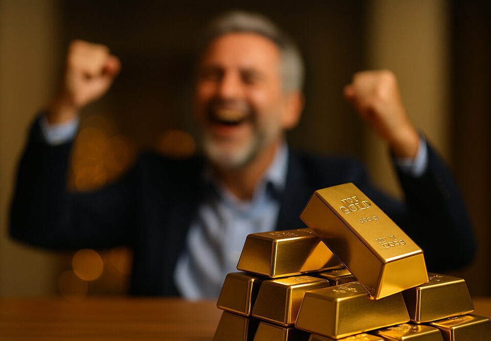 Lingotti d’oro puro 999,9 in primo piano su tavolo di legno, con un uomo di mezza età che festeggia sullo sfondo.