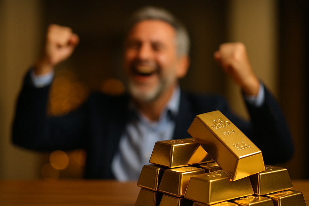 Lingotti d’oro puro 999,9 in primo piano su tavolo di legno, con un uomo di mezza età che festeggia sullo sfondo.